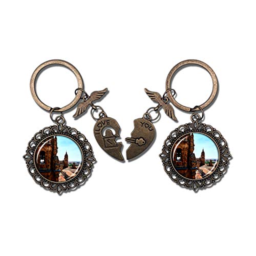 Hqiyaols Keychain España Universidad Pontificia de Salamanca Pareja Llavero Día de San Valentín Llavero Adornos Recuerdo Coleccionable Cristal redondo Bronce Metal 2pcs / Set