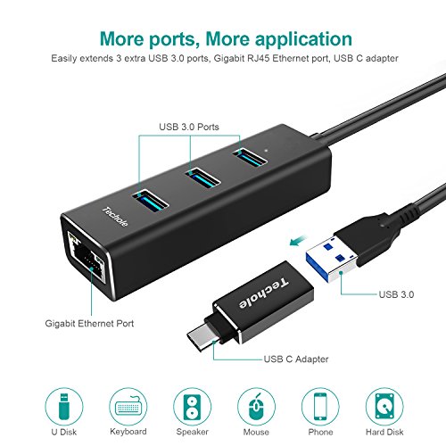 HUB USB 3.0, Techole Aluminio USB Hub Ethernet Adaptador 10/100/1000 Mbps Gigabit Ethernet, 3 USB 3.0 Puertos con Tarjeta Red LAN RJ45 y Adaptador USB C para Mac, Chromebook, Windows 10/8/7/XP, Linux