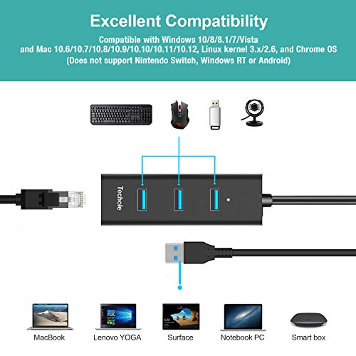 HUB USB 3.0, Techole Aluminio USB Hub Ethernet Adaptador 10/100/1000 Mbps Gigabit Ethernet, 3 USB 3.0 Puertos con Tarjeta Red LAN RJ45 y Adaptador USB C para Mac, Chromebook, Windows 10/8/7/XP, Linux
