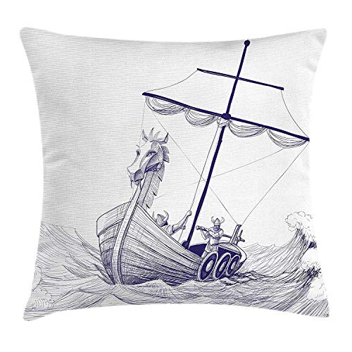 huibe Pillowslip Funda de cojín Drakkar Long Boat con Figura de dragón en la Proa de Barco Monocromo Patrón Marino Decoración Funda de Almohada 45x45 cm Morado Blanco
