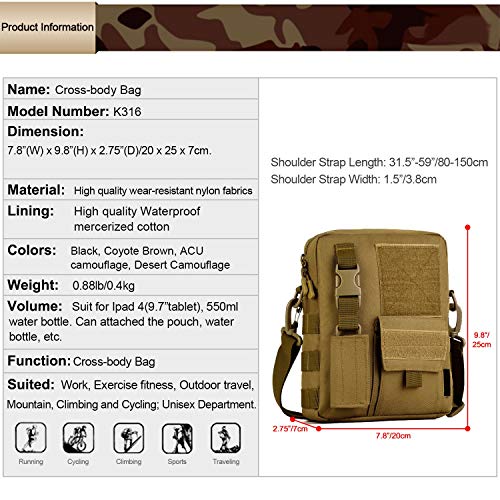 Huntvp Táctical Mochila de Bandolera Bolsa de Hombro del Mensajero Bolsa de la Llave Impermeable para Correr Senderismo Ciclismo Camping Caza, Color Marrón