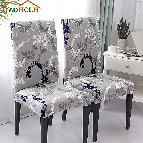 HZDHCLH - Funda para silla, color crema y lavable para 4/6 piezas, protector de silla de instalación elástica, poliéster elastano, Patrón gris/hoja., 4 PCS