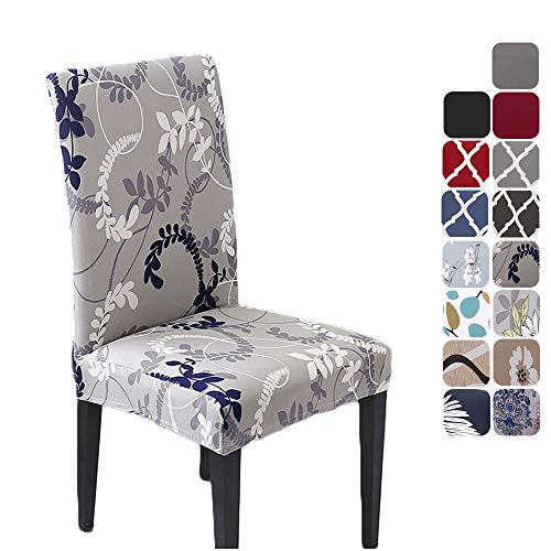 HZDHCLH - Funda para silla, color crema y lavable para 4/6 piezas, protector de silla de instalación elástica, poliéster elastano, Patrón gris/hoja., 4 PCS