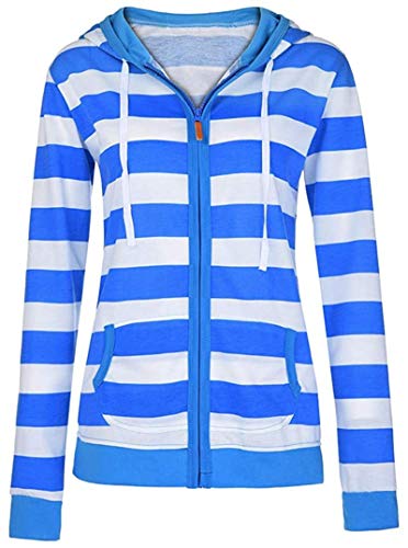 iBarabara Plus Size Winter Coat for Women, Striped Zipper Hooded Jacket Tops,Blue,4X-Large