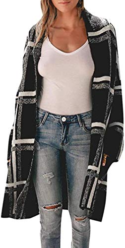 iBarabara Women Cardigans Long Sleeve Open Front Plus Size Knit Sweaters Cardigan Casual Stripe Jacket Coat Fall Outwear Tops,Black,Medium