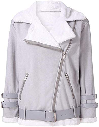 iBarabara Womens Faux Fur Fleece Lapel Motorcycle Jacket Coat Winter Warm Thicken Oversized Outerwear Coat,Gray,X-Large