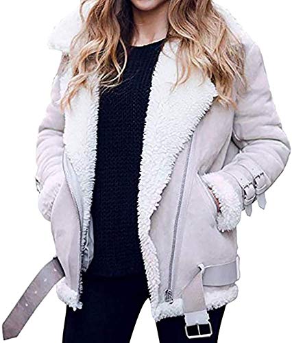 iBarabara Womens Faux Fur Fleece Lapel Motorcycle Jacket Coat Winter Warm Thicken Oversized Outerwear Coat,Gray,X-Large