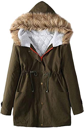 iBarabara Womens Warm Winter Coat Cotton-Padded Long Jacket Thicken Hooded Long Coats Faux Fur Lined Parka Outdoor Jackets,Khaki,Small