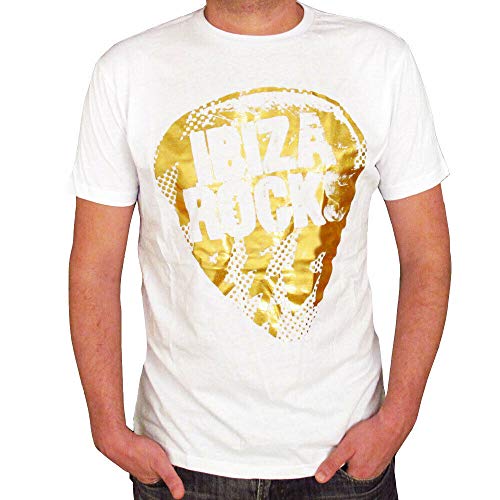 Ibiza Rocks Men's T Shirt Gold Metallic Logo Plectrum White Hotel Pool Party tee