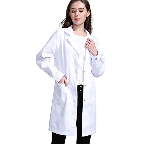 Icertag Bata de Laboratorio, médico Abrigo Abrigo de Mujer, Abrigo Blanco para Damas, Adecuado para Estudiantes de la Escuela Laboratorio de Ciencia Enfermera Cosplay Vestido de algodón (Large)