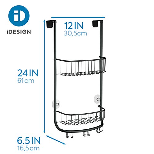 iDesign Organizador de ducha para colgar, pequeña estantería colgante de metal con 2 baldas y 3 ganchos dobles, cesta de ducha para la cabina de ducha, negro