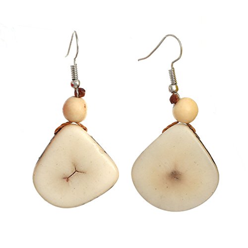 Idin joyas blanco natural Tagua con Acai Bead Pendientes