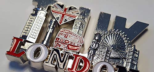 Imán de Metal "I Love London UK" - Color Plateado, Corazón Union Jack , Cabina telefónica, Big Ben, Autobús de dos pisos, Guardia Real, Tower Bridge, Ojo, Recuerdo Inglaterra Reino Unido, Souvenir