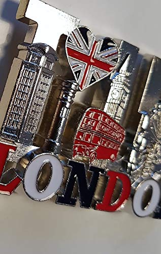 Imán de Metal "I Love London UK" - Color Plateado, Corazón Union Jack , Cabina telefónica, Big Ben, Autobús de dos pisos, Guardia Real, Tower Bridge, Ojo, Recuerdo Inglaterra Reino Unido, Souvenir