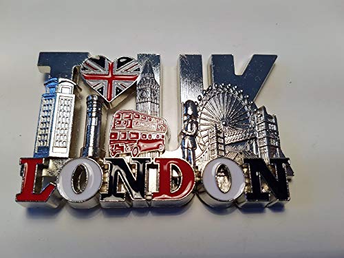 Imán de Metal "I Love London UK" - Color Plateado, Corazón Union Jack , Cabina telefónica, Big Ben, Autobús de dos pisos, Guardia Real, Tower Bridge, Ojo, Recuerdo Inglaterra Reino Unido, Souvenir