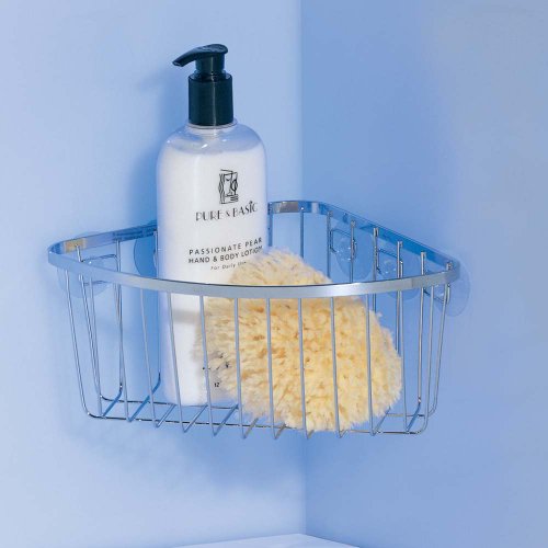 InterDesign - Gia - Organizador de cubículo de ducha, con ventosas; para champú, acondicionador, jabón - rinconero - Cromado