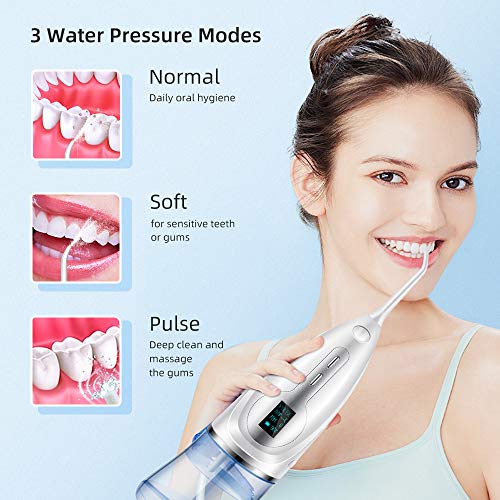 Irrigador Dental Portátil, 300ML Capacidad Tanque de Agua Desmontable 3 Modos de Limpieza USB Recargable Impermeable Pantalla LCD Cuidado Dentístico Familiar, usos en viajes y en el hogar