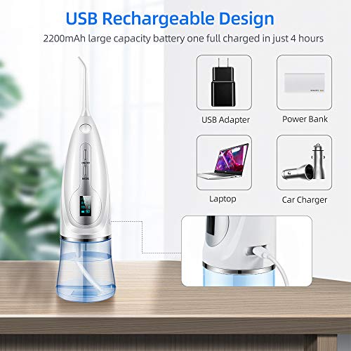 Irrigador Dental Portátil, 300ML Capacidad Tanque de Agua Desmontable 3 Modos de Limpieza USB Recargable Impermeable Pantalla LCD Cuidado Dentístico Familiar, usos en viajes y en el hogar
