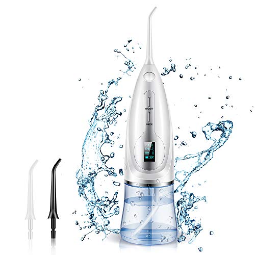 Irrigador Dental Portátil, 300ML Capacidad Tanque de Agua Desmontable 3 Modos de Limpieza USB Recargable Impermeable Pantalla LCD Cuidado Dentístico Familiar, usos en viajes y en el hogar