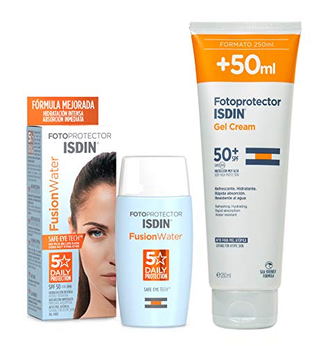 Isdin Gel Cream SPF 50+ 250 ml Crema Solar Corporal hidratante + Fusion Water SPF 50 - Protector solar facial de fase acuosa para uso diario, 50 ml
