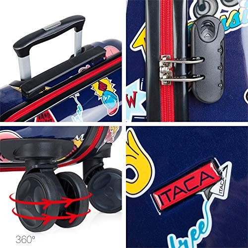 ITACA - Maleta Infantil Pequeña Cabina de Viaje 4 Ruedas Trolley. Policarbonato Estampado. Equipaje de Mano. Cómoda Rígida y Ligera. Candado. Diseño y Marca. 55x40x20. 702250, Color Marino