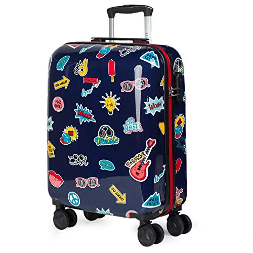 ITACA - Maleta Infantil Pequeña Cabina de Viaje 4 Ruedas Trolley. Policarbonato Estampado. Equipaje de Mano. Cómoda Rígida y Ligera. Candado. Diseño y Marca. 55x40x20. 702250, Color Marino