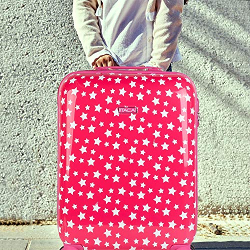 ITACA - Maleta Infantil Pequeña Cabina de Viaje 4 Ruedas Trolley. Policarbonato Estampado Estrellas. Equipaje de Mano. Cómoda Rígida y Ligera. Candado. Marca. 55x40x20. 702450, Color Fucsia
