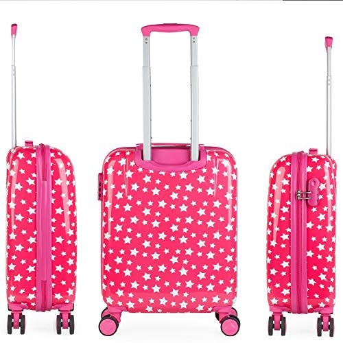 ITACA - Maleta Infantil Pequeña Cabina de Viaje 4 Ruedas Trolley. Policarbonato Estampado Estrellas. Equipaje de Mano. Cómoda Rígida y Ligera. Candado. Marca. 55x40x20. 702450, Color Fucsia