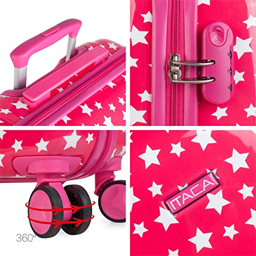 ITACA - Maleta Infantil Pequeña Cabina de Viaje 4 Ruedas Trolley. Policarbonato Estampado Estrellas. Equipaje de Mano. Cómoda Rígida y Ligera. Candado. Marca. 55x40x20. 702450, Color Fucsia