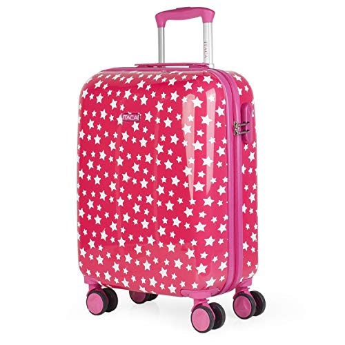 ITACA - Maleta Infantil Pequeña Cabina de Viaje 4 Ruedas Trolley. Policarbonato Estampado Estrellas. Equipaje de Mano. Cómoda Rígida y Ligera. Candado. Marca. 55x40x20. 702450, Color Fucsia