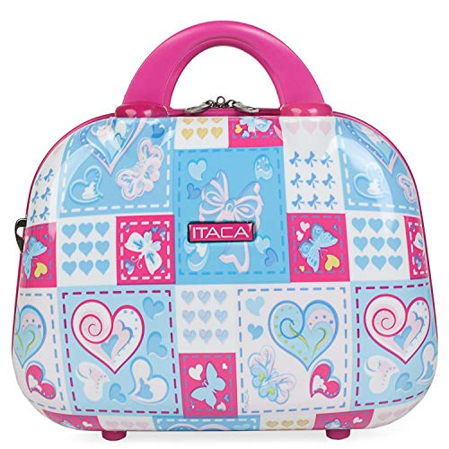 ITACA - Neceser Grande de Viaje de Policarbonato, Infantil Juvenil. Maleta de Aseo. Espejo. Maletas a Juego. Calidad y Diseño. Completo Cómodo y Ligero. 702335, Color Azul-Fucsia