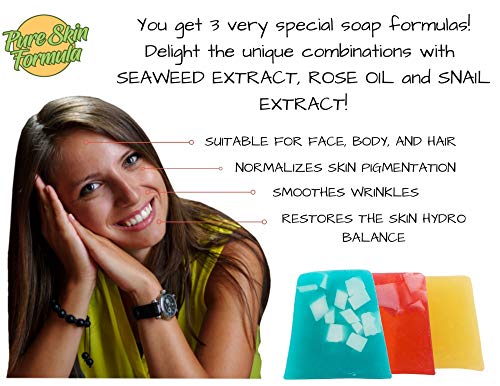 Jabón Natural Artesanal. Lote de 3 con Jabón de Algas, Jabón de Aceite de Rosas y Jabón de Extracto de Caracol. Para Manos, Pies, Cabello y Cuerpo. Antibacteriano y Antifúngico, 3x100 gr.