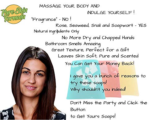 Jabón Natural Artesanal. Lote de 3 con Jabón de Algas, Jabón de Aceite de Rosas y Jabón de Extracto de Caracol. Para Manos, Pies, Cabello y Cuerpo. Antibacteriano y Antifúngico, 3x100 gr.