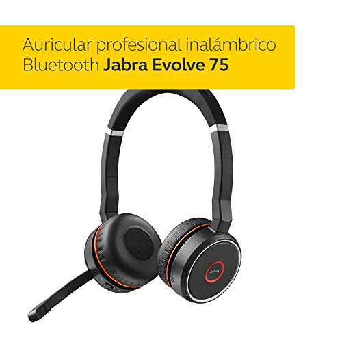 Jabra Evolve 75 - Auriculares Inalámbricos Estéreo Optimizados para Comunicaciones Unificadas con Batería de Larga Duración, para PC, Smartphones y Tabletas, Negro