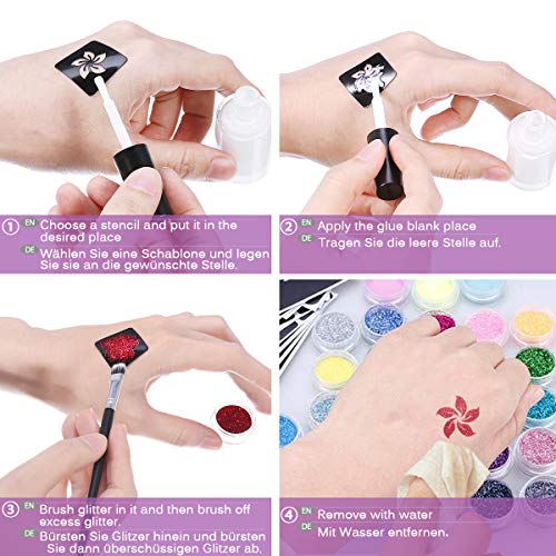 Janolia Tatuaje de Brillo Kit, Purpurinas Polvo para Tatuajes Temporales, 24 Colores & 2 Pegamentos & 2 Cepillos y 108 Plantillas, Colores Fluorescente bajo UV, Ideal para Nino y Adulto, Color al Azar