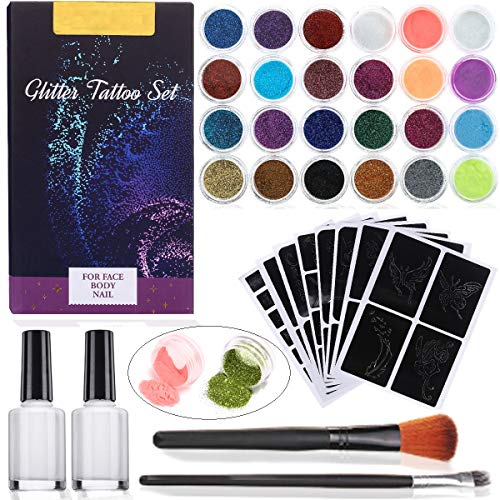 Janolia Tatuaje de Brillo Kit, Purpurinas Polvo para Tatuajes Temporales, 24 Colores & 2 Pegamentos & 2 Cepillos y 108 Plantillas, Colores Fluorescente bajo UV, Ideal para Nino y Adulto, Color al Azar