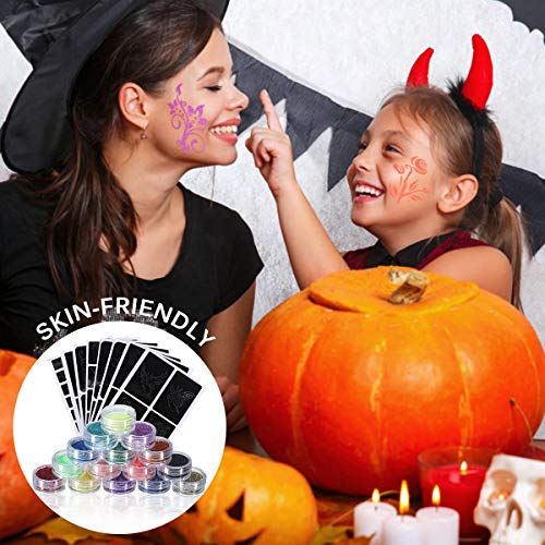 Janolia Tatuaje de Brillo Kit, Purpurinas Polvo para Tatuajes Temporales, 24 Colores & 2 Pegamentos & 2 Cepillos y 108 Plantillas, Colores Fluorescente bajo UV, Ideal para Nino y Adulto, Color al Azar