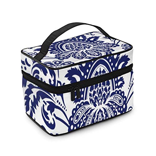 JDYU Estuche de Maquillaje Damasco Azul y Blanco, Estuche Grande para cosméticos, Estuche de Maquillaje, Organizador, Neceser de Viaje para Mujeres