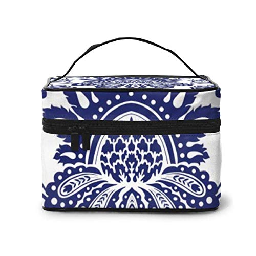 JDYU Estuche de Maquillaje Damasco Azul y Blanco, Estuche Grande para cosméticos, Estuche de Maquillaje, Organizador, Neceser de Viaje para Mujeres