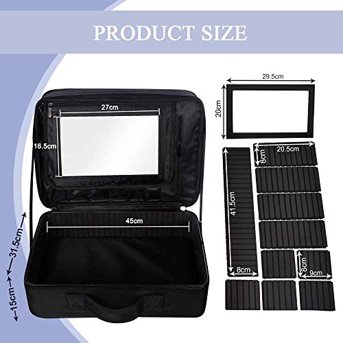 Jfs Oxford Fabric Makeup Bag with Removable Back Strap Cosmetic Case Beauty Box Hairdressing Tools Organiser Storage Box with Mirror,Black