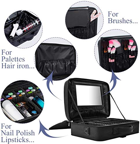 Jfs Oxford Fabric Makeup Bag with Removable Back Strap Cosmetic Case Beauty Box Hairdressing Tools Organiser Storage Box with Mirror,Black