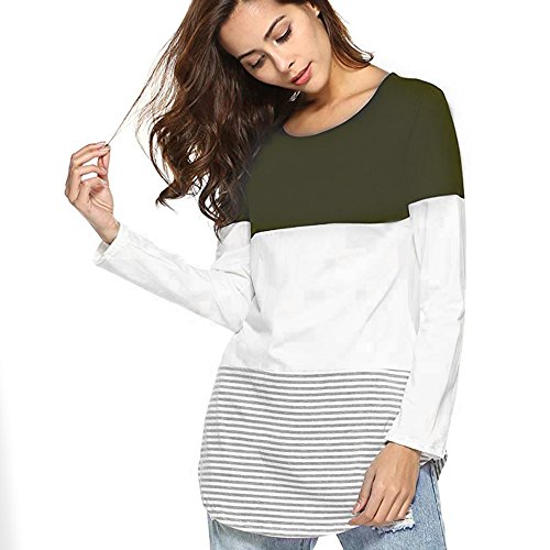 JiaMeng Camisas Mujer, Nuevo Blusas para Mujer Camiseta Tops elásticas de Manga Larga a Rayas de Manga Larga Diaria Blusas(Ejercito Verde,XL)