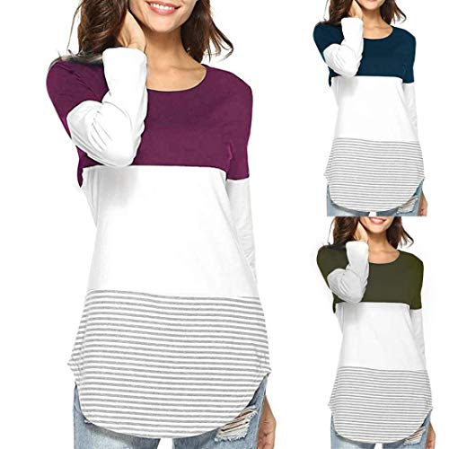 JiaMeng Camisas Mujer, Nuevo Blusas para Mujer Camiseta Tops elásticas de Manga Larga a Rayas de Manga Larga Diaria Blusas(Ejercito Verde,XL)