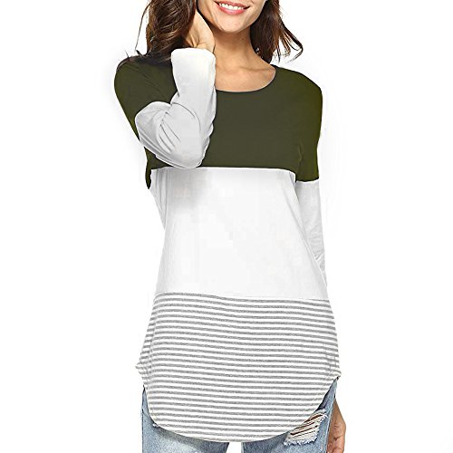 JiaMeng Camisas Mujer, Nuevo Blusas para Mujer Camiseta Tops elásticas de Manga Larga a Rayas de Manga Larga Diaria Blusas(Ejercito Verde,XL)