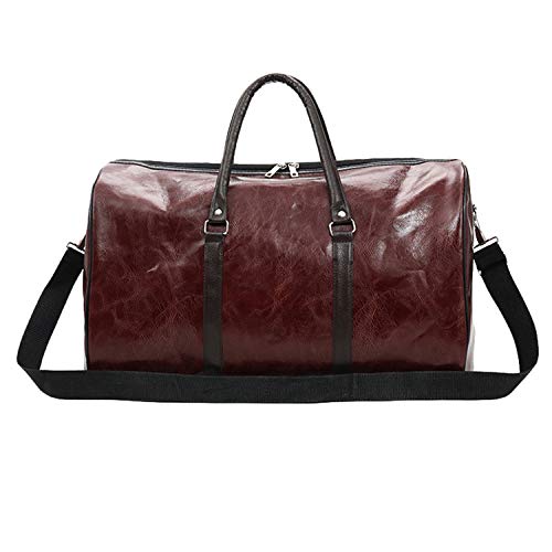 JIER Bolsa de Viaje Fin De Semana para Hombre Maleta de Cuero Genuino Grande Gimnasio Equipaje de Cabina de Mano Travel Duffle (Vino Tinto)