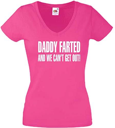 JINTORA Camiseta T-Shirt - Mujer Rosa - V-Cuello - L - Papá se tiró un Pedo y no Podemos Salir - JDM/Die Cut - para Fiesta Carnaval Carnaval Laboral Deportes