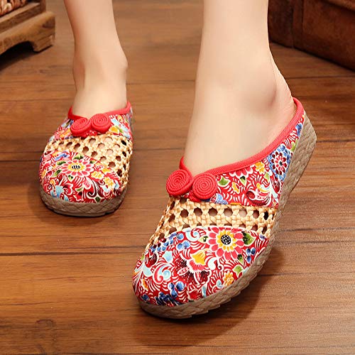 JLCP Zuecos y Mulas de Lino para Mujer, Sandalias Transpirables Bordadas Zapatillas de Exterior Bordadas Zapatos de Playa Antideslizantes y antitranspirantes,Rojo,39
