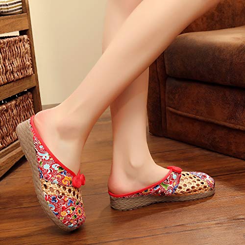 JLCP Zuecos y Mulas de Lino para Mujer, Sandalias Transpirables Bordadas Zapatillas de Exterior Bordadas Zapatos de Playa Antideslizantes y antitranspirantes,Rojo,39