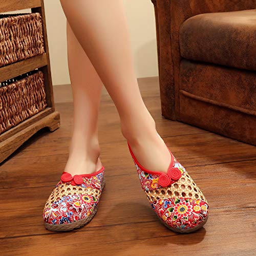 JLCP Zuecos y Mulas de Lino para Mujer, Sandalias Transpirables Bordadas Zapatillas de Exterior Bordadas Zapatos de Playa Antideslizantes y antitranspirantes,Rojo,39