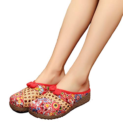 JLCP Zuecos y Mulas de Lino para Mujer, Sandalias Transpirables Bordadas Zapatillas de Exterior Bordadas Zapatos de Playa Antideslizantes y antitranspirantes,Rojo,39